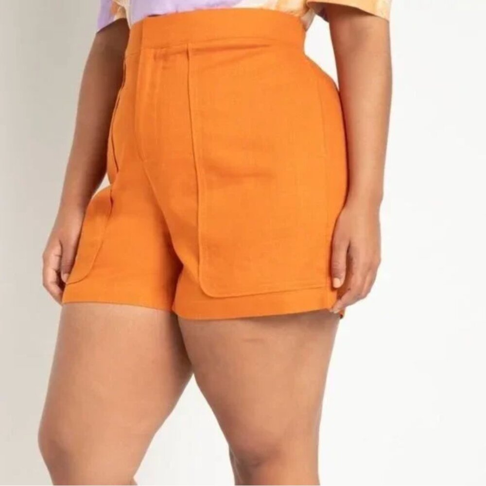Eloquii -- Women's Orange Linen-Blend High Waisted Casual Shorts Plus Size 28